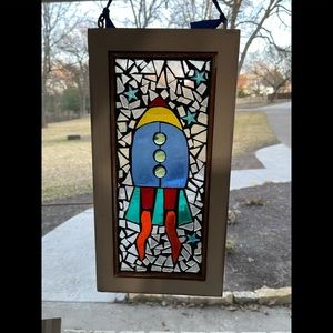 Original decorative stained glass window with vintage wood window frame home